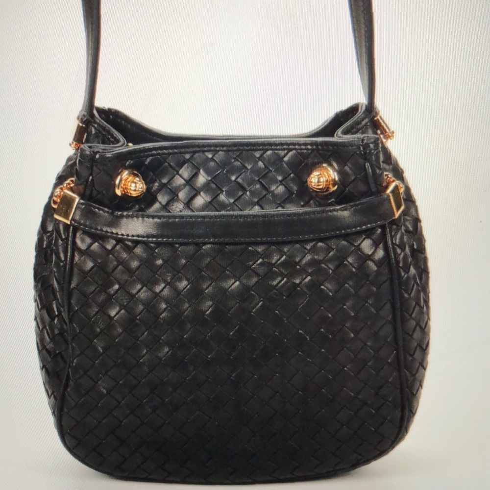 #0100 Siso Italian Black Woven & Smooth Lambskin Leather Crossbody Bag
